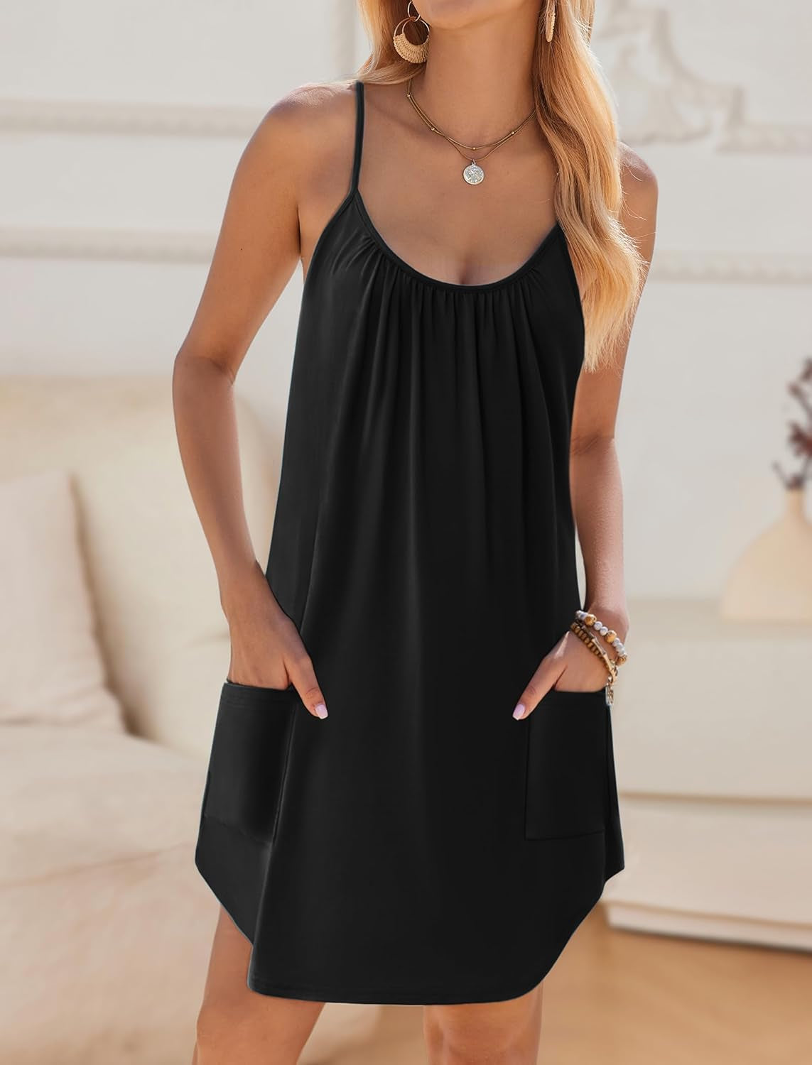 Nightgowns for Women Spaghetti Strap Sleepwear Sleeveless Sleep Dress with Pockets