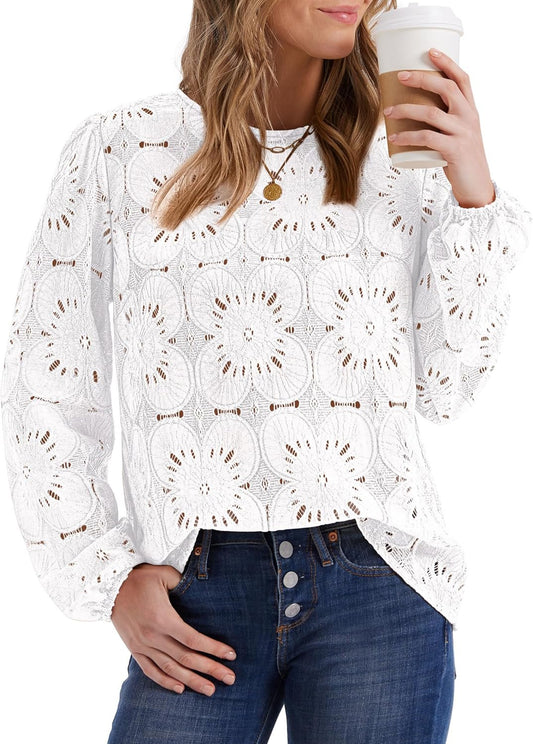 Blouses for Women Dressy Casual Fall Fashion Long Sleeve Shirts Flower Lace Tops Trendy Spring Summer Outfits