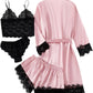 Women'S 4Pcs Sleepwear Satin Floral Lace Trim Cami Pajama Set with Robe