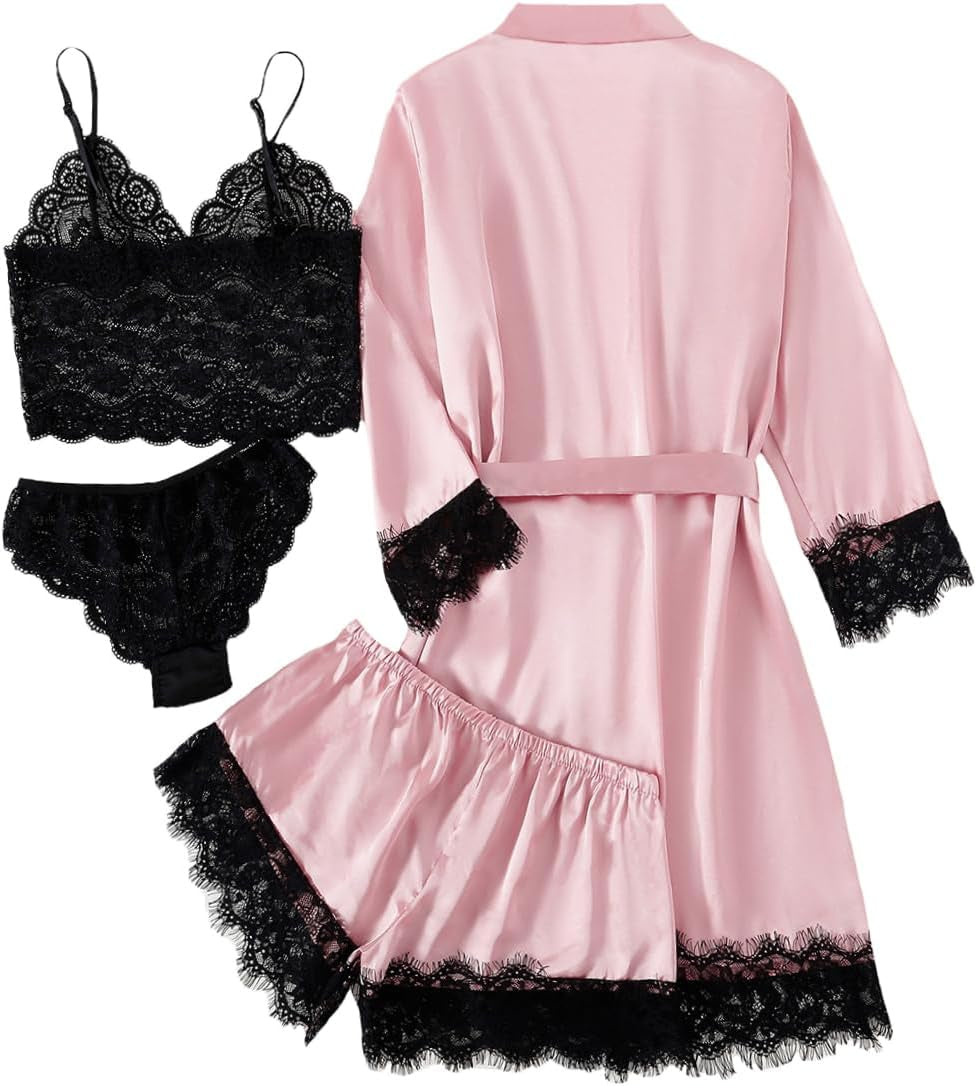 Women'S 4Pcs Sleepwear Satin Floral Lace Trim Cami Pajama Set with Robe