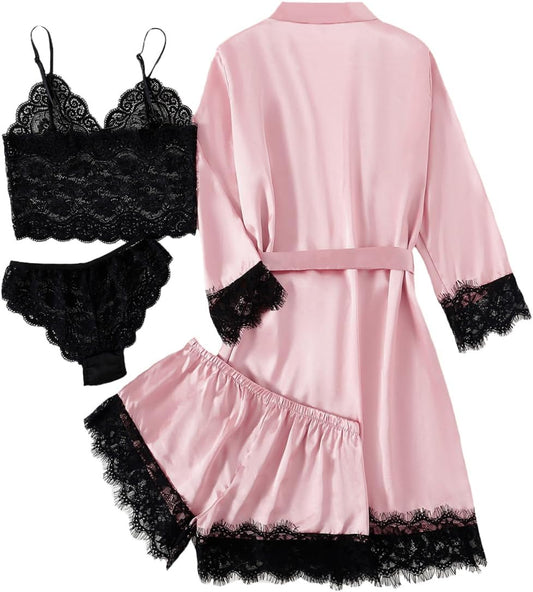 Women'S 4Pcs Sleepwear Satin Floral Lace Trim Cami Pajama Set with Robe