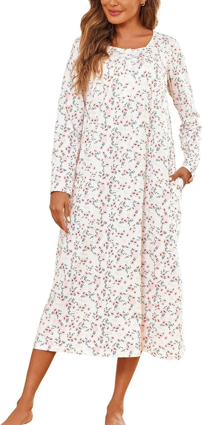 Womens Long Sleeve Nightgowns Long Sleep Shirts Henley Night Shirts Full Length Nightgown