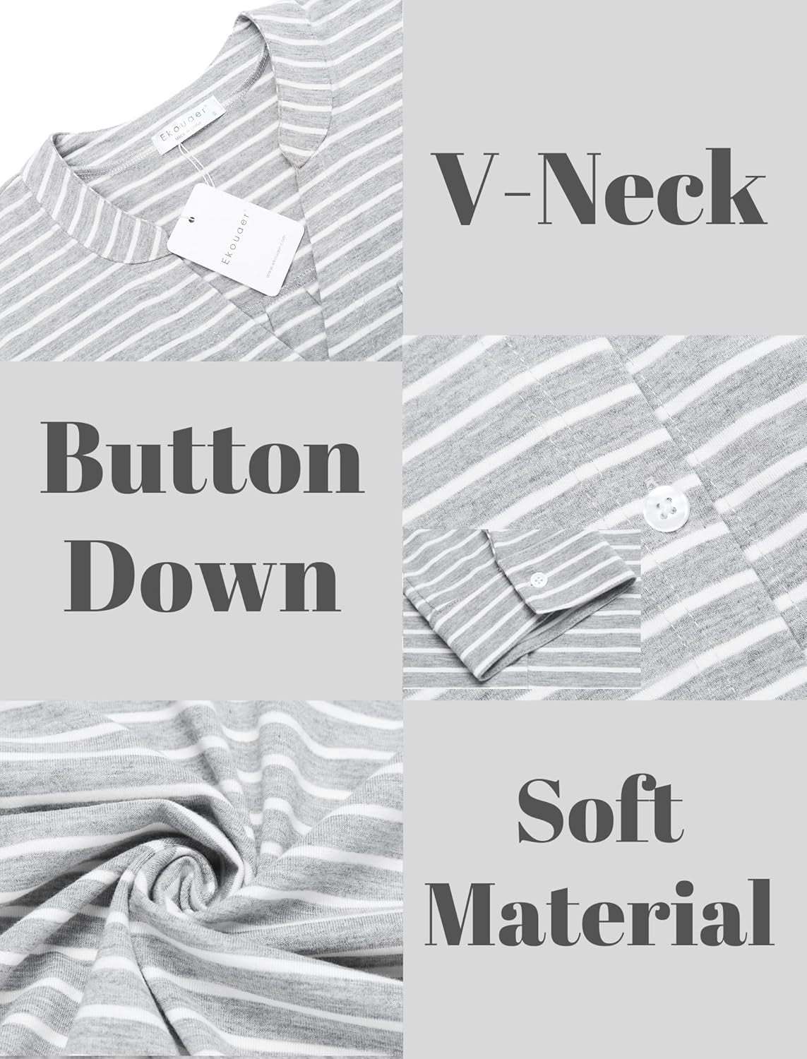 Women'S Nightgown V Neck Striped Button down Sleepwear 3/4 Sleeves Nightshirts Soft Button Sleep Dress S-XXL