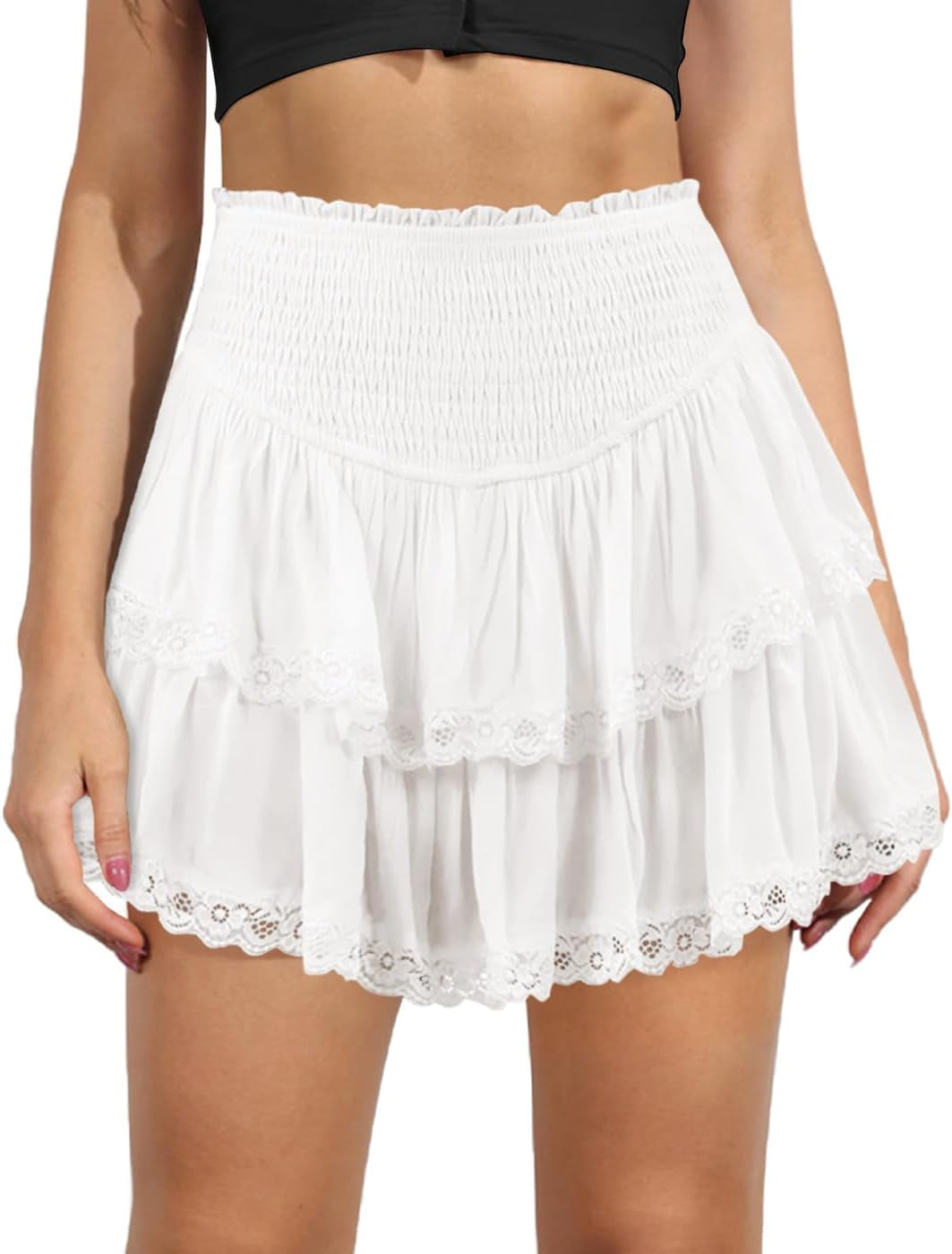 Women'S Cute High Waist Ruffle Mini Skirt Layered Ruffle Hem Flared Flowy Casual Swing Beach Mini Short Skirt