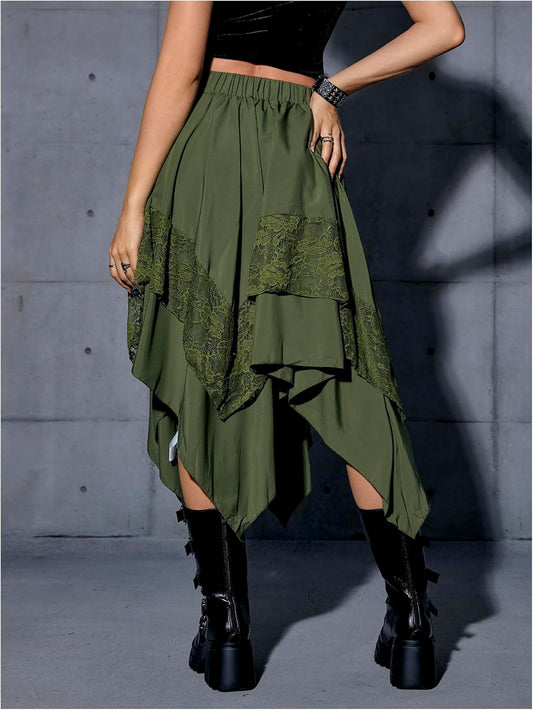 Women'S Renaissance Flowy Fairy Skirt Y2K Contrast Lace Layered Asymmetrical Midi Skirts