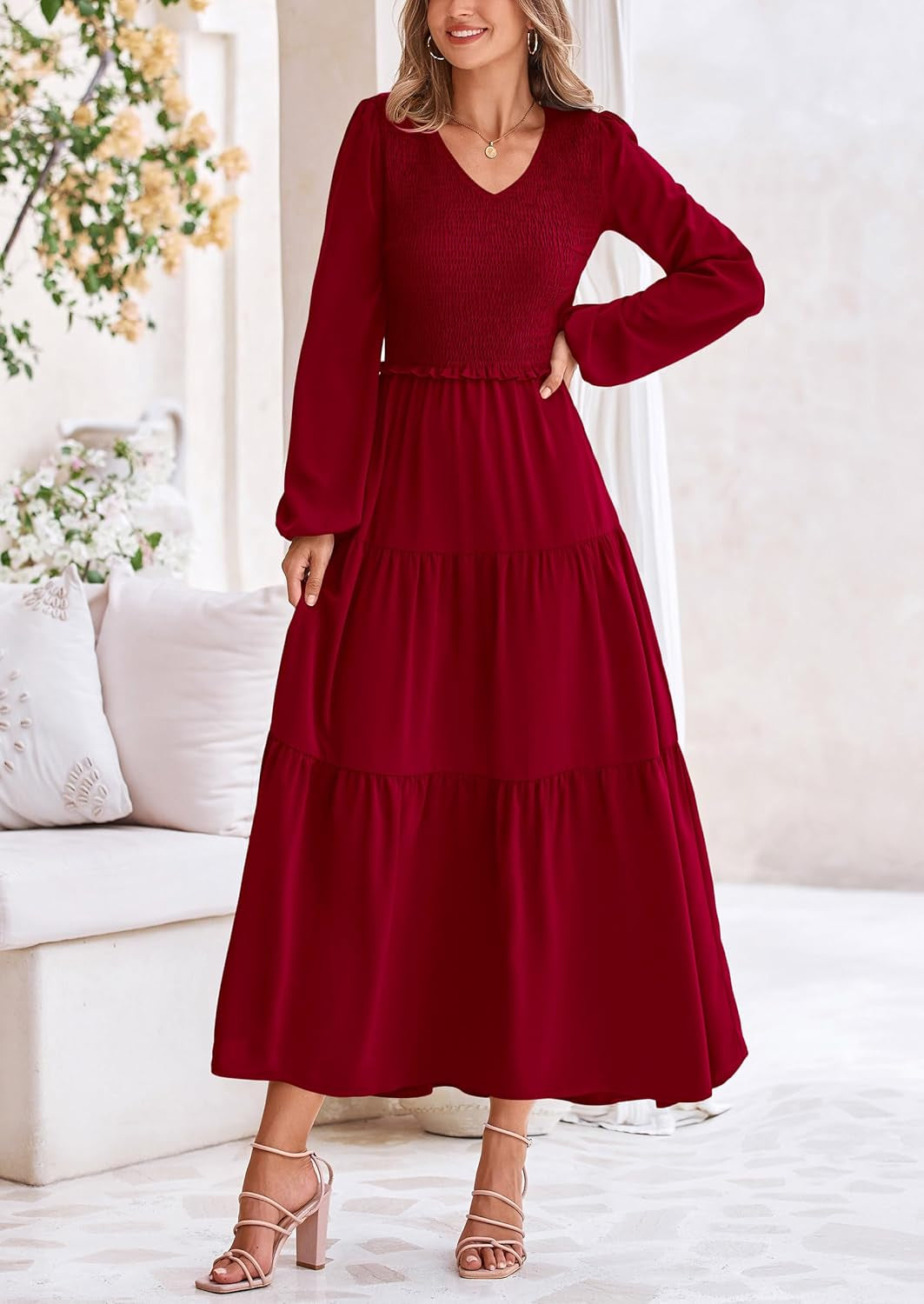 Fall Dresses for Women 2025 Casual Long Sleeve V Neck Smocked a Line Long Flowy Wedding Guest Dress