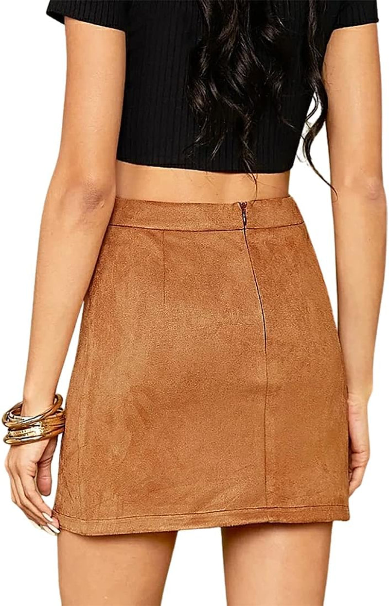 Women'S High Waist Faux Suede Side Split Bodycon Short Mini Skirt