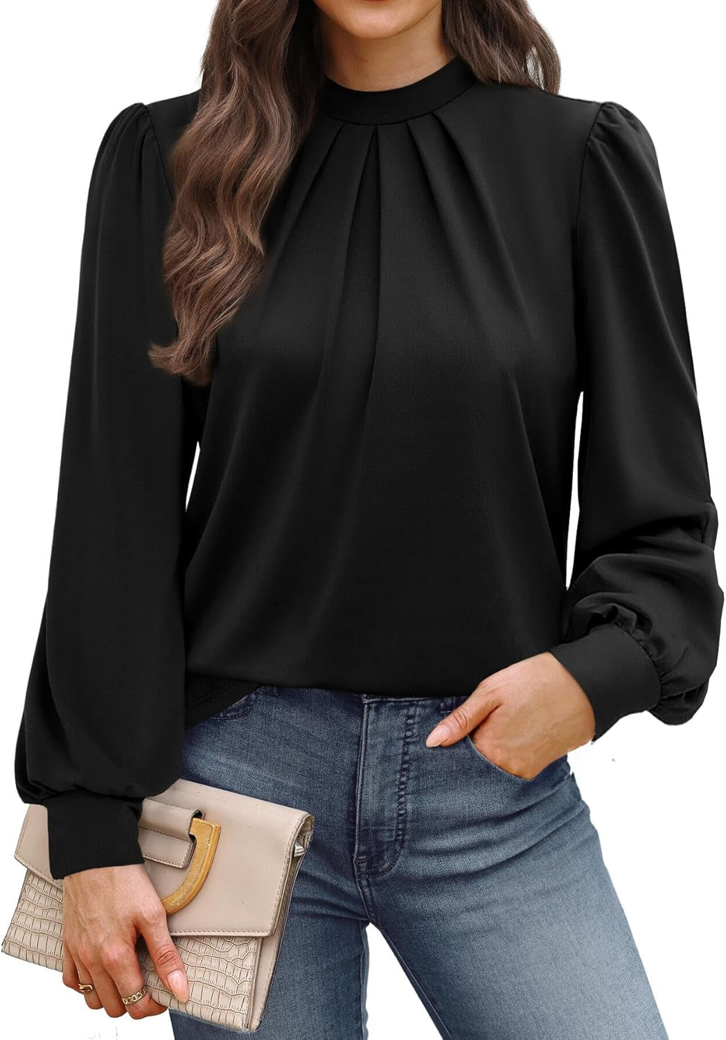 Long Sleeve Shirts for Women Mock Neck Tops Pleated Front Blouses Dressy Casual Fall Clothes 2025 Fashion
