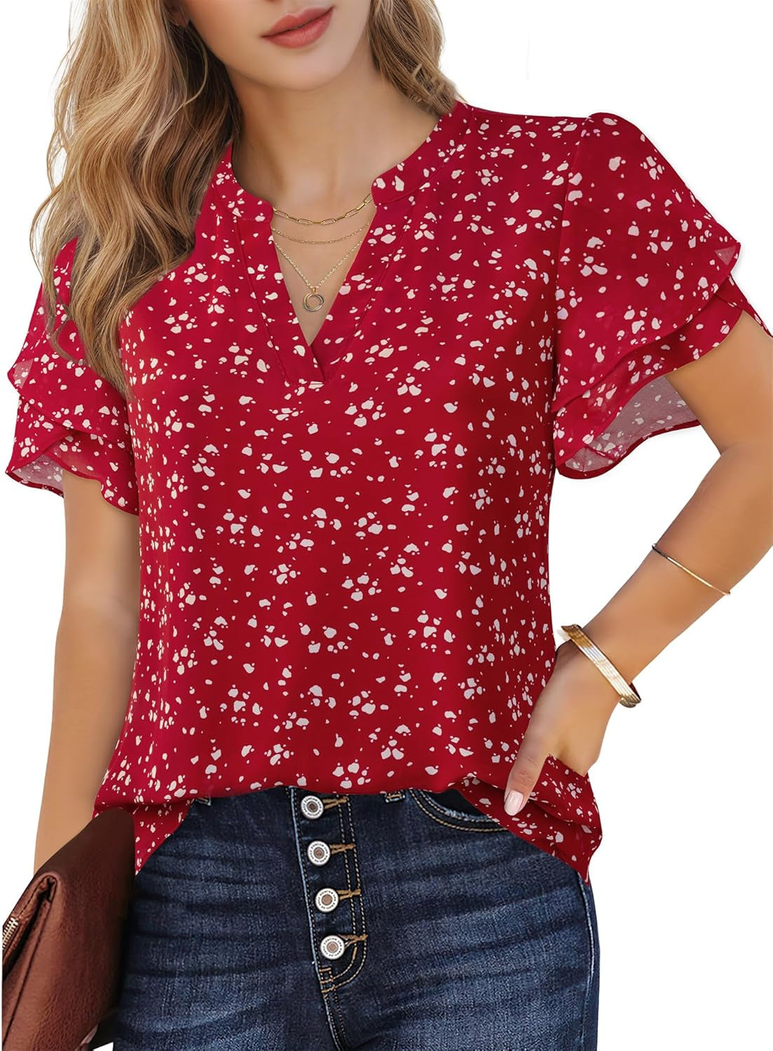 Womens Dressy Chiffon Blouses Summer Puff Petal Short Sleeve Shirts V Neck Casual Work Tops