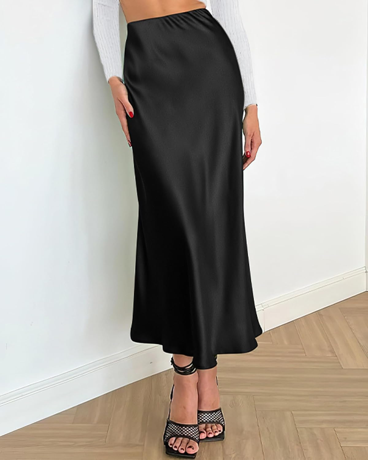 2025 Womens Summer Fall Long Satin Skirt Silk Elegant High Waist Cocktail Party Wedding Flowy A-Line Midi Skirts
