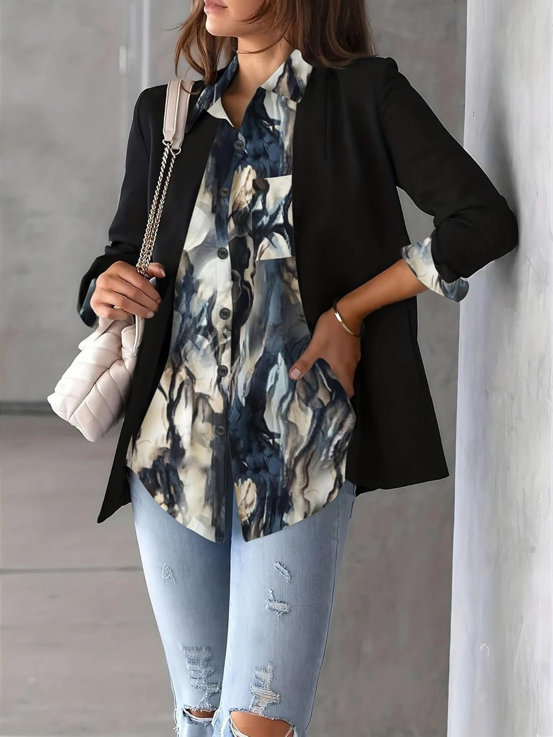 Womens Button down Shirt Long Sleeve Blouse Business Work Tops Dressy Casual Floral Printed Outfits with Pocket