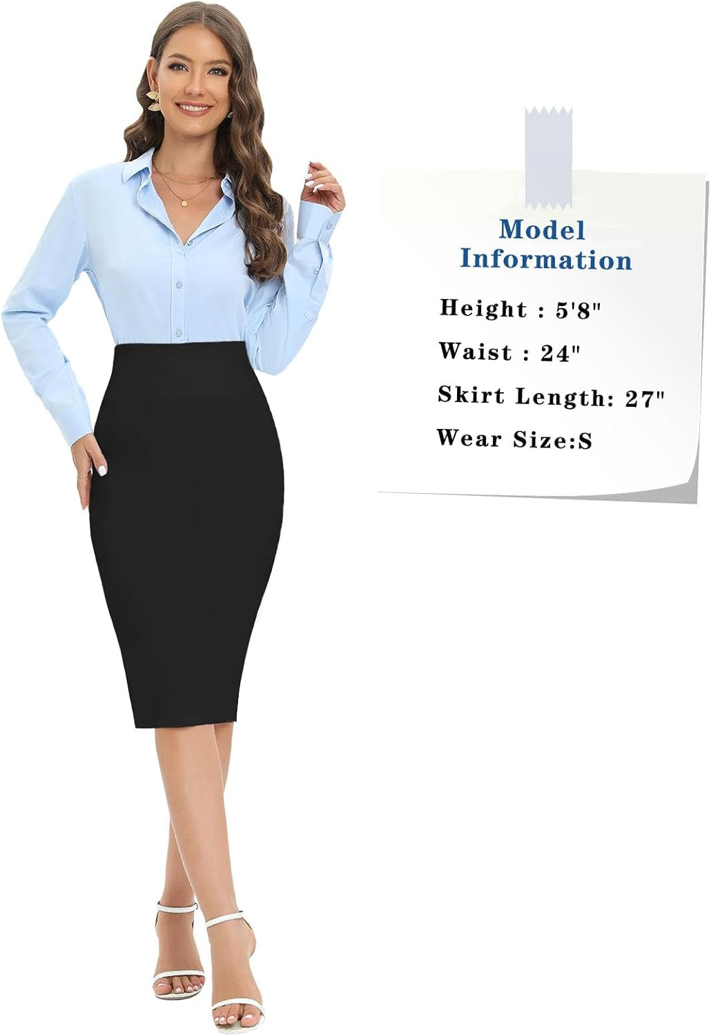 Women'S Office Work Pencil Skirt Stretch High Waist below Knee Bodycon for Business Casual