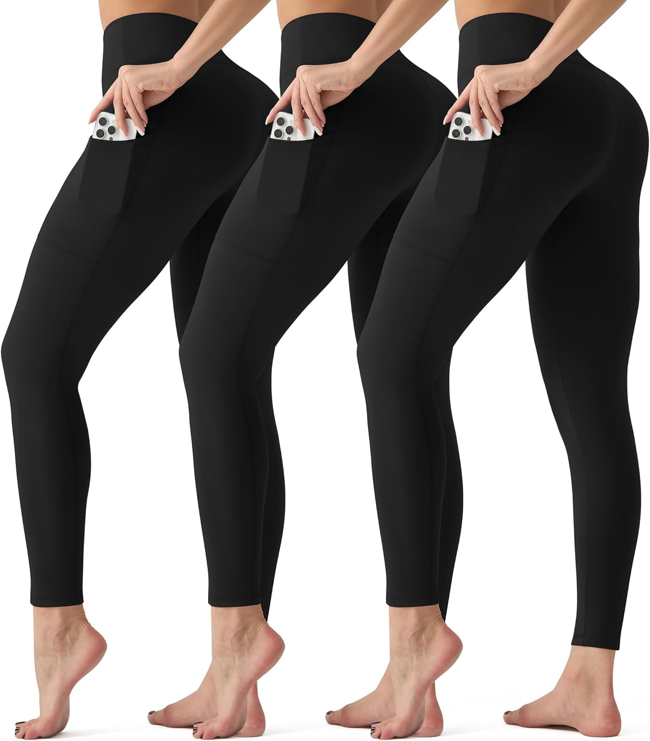 3 Pack Leggings with Pockets for Women,Butt Lift High Waisted Tummy Control Workout Yoga Pants Reg & plus Size