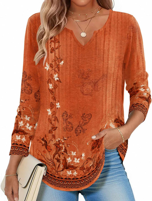 Long Sleeve Shirts for Women Fall V Neck Tops Casual Dressy Blouse Boho Tunic Business Work Clothes School Outfit