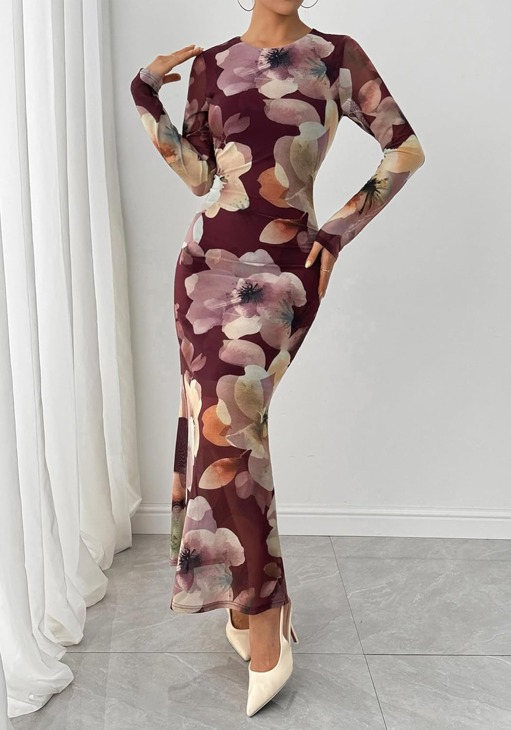 Wedding Guest Dresses for Women Fall Fashion 2025 Bodycon Long Sleeve Boho Mesh Party Cocktail Floral Maxi Dress