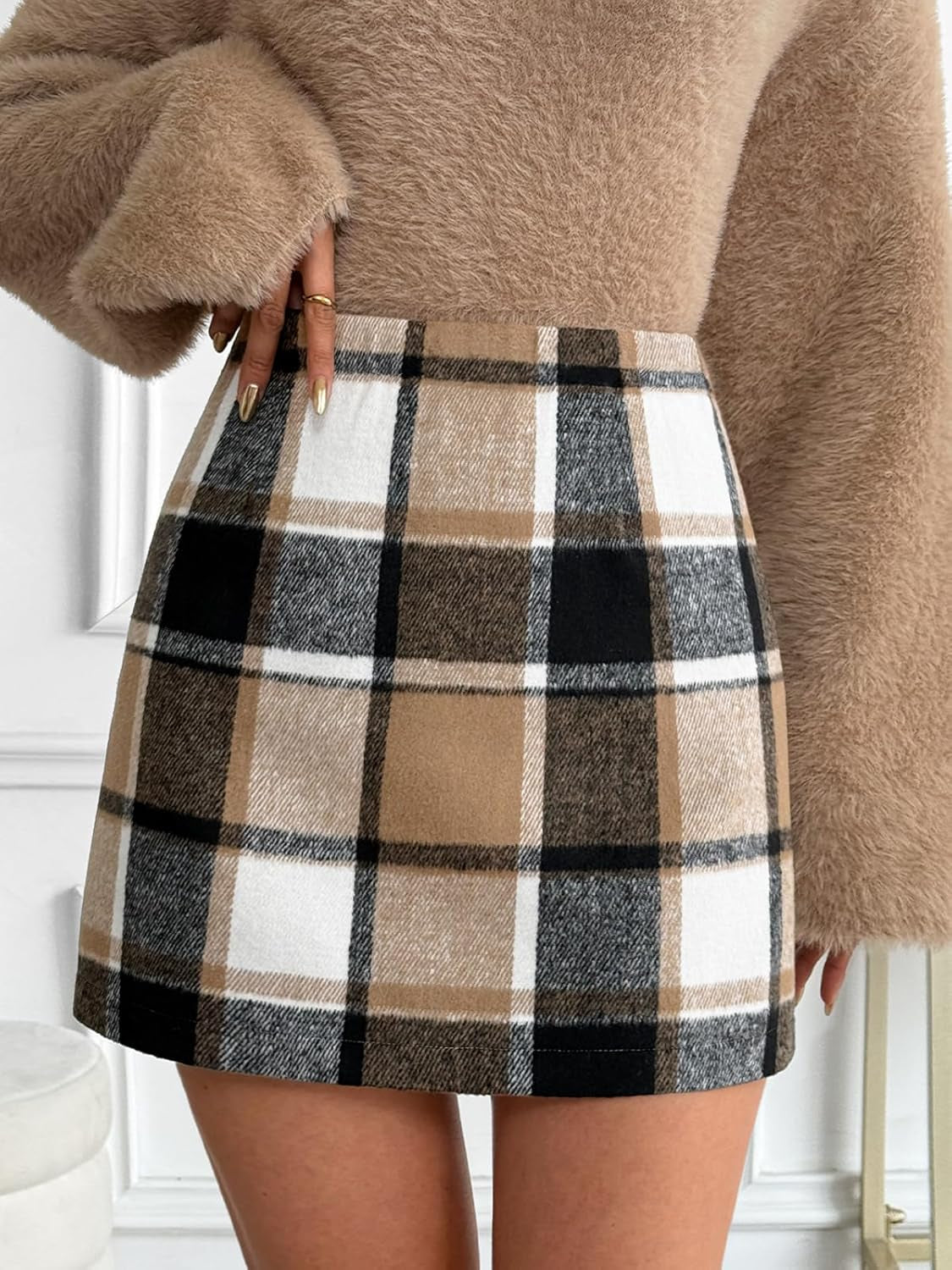 Womens Plaid Skirt Fall High Waist Flannel Mini Checkered Skirts Winter Corduroy Sweater Dress 2025