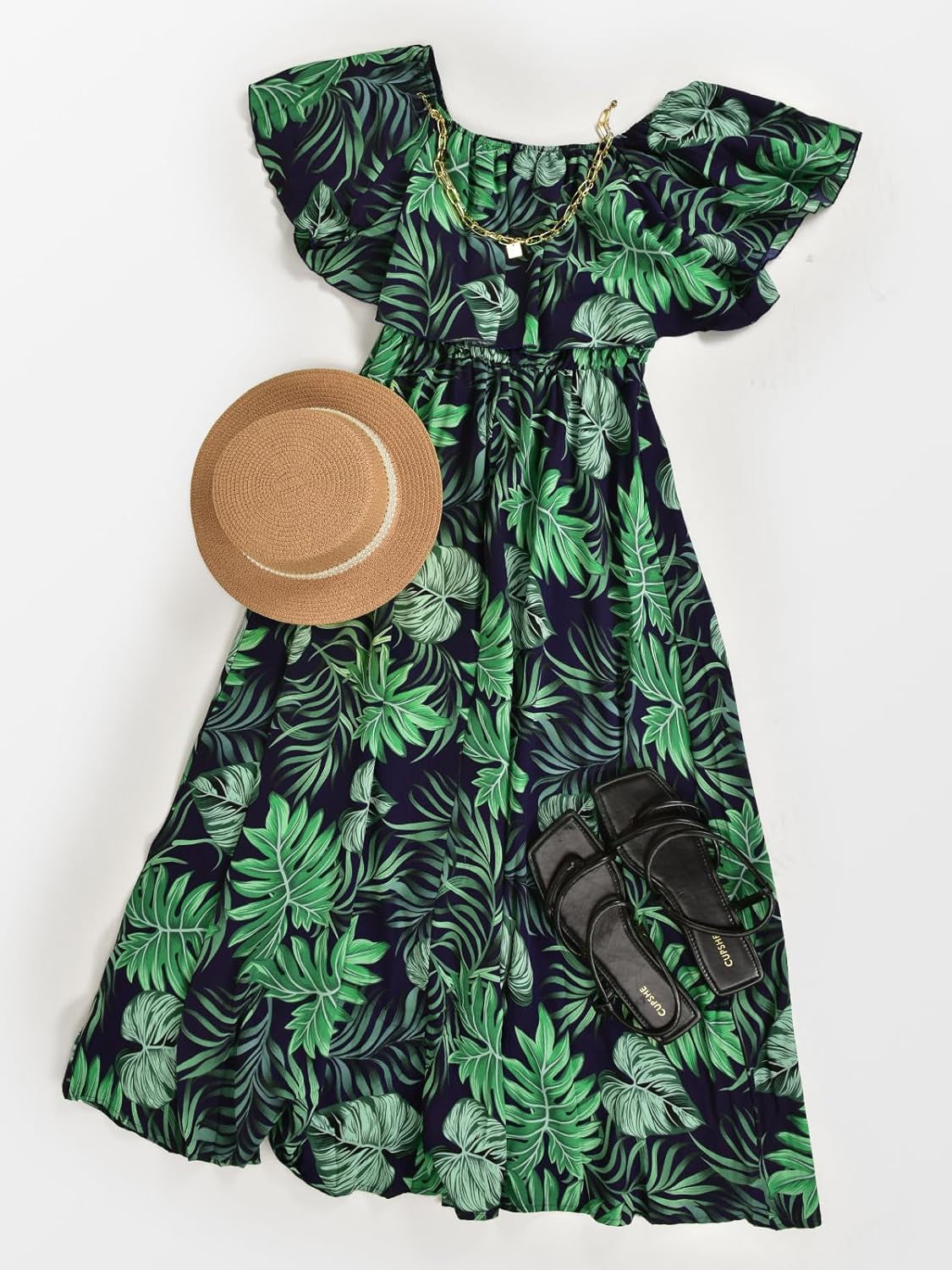 Women Ruffle Floral Maxi Summer Dress off Shoulder Short Sleeve Backless Flounce Bodice Slit Hem Beach Dresses