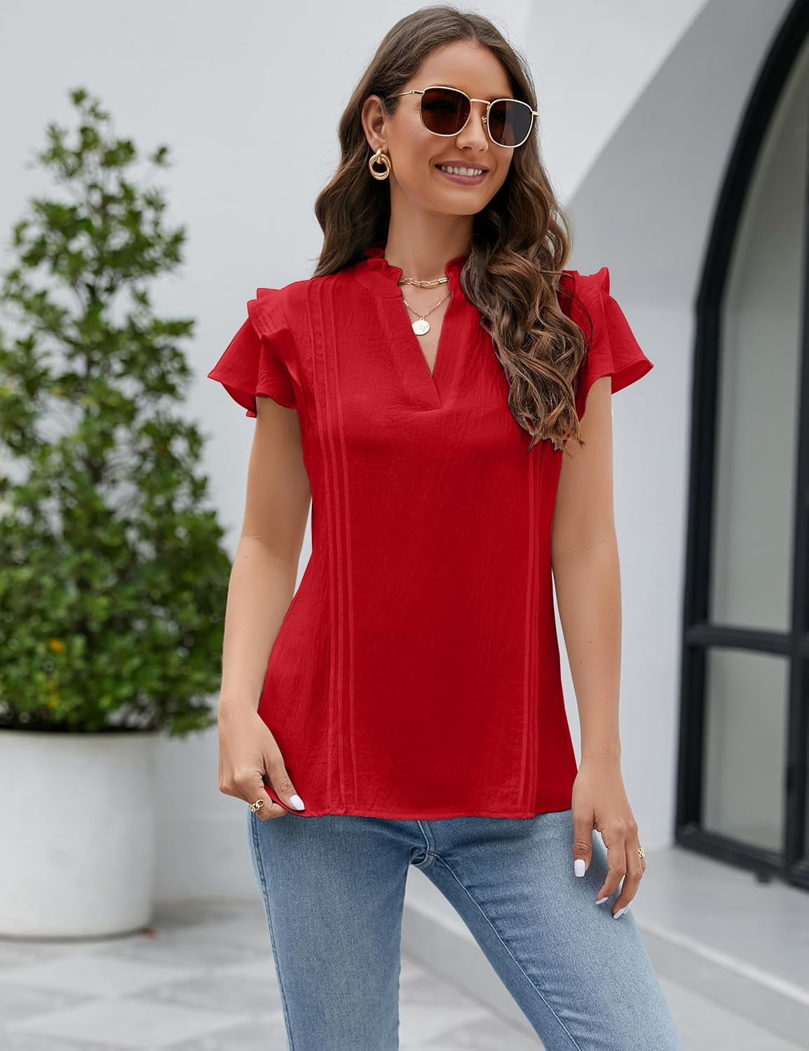 Womens Dressy Casual Tops Ruffle Short Sleeve V Neck Shirts Elegant Business Work Blouse