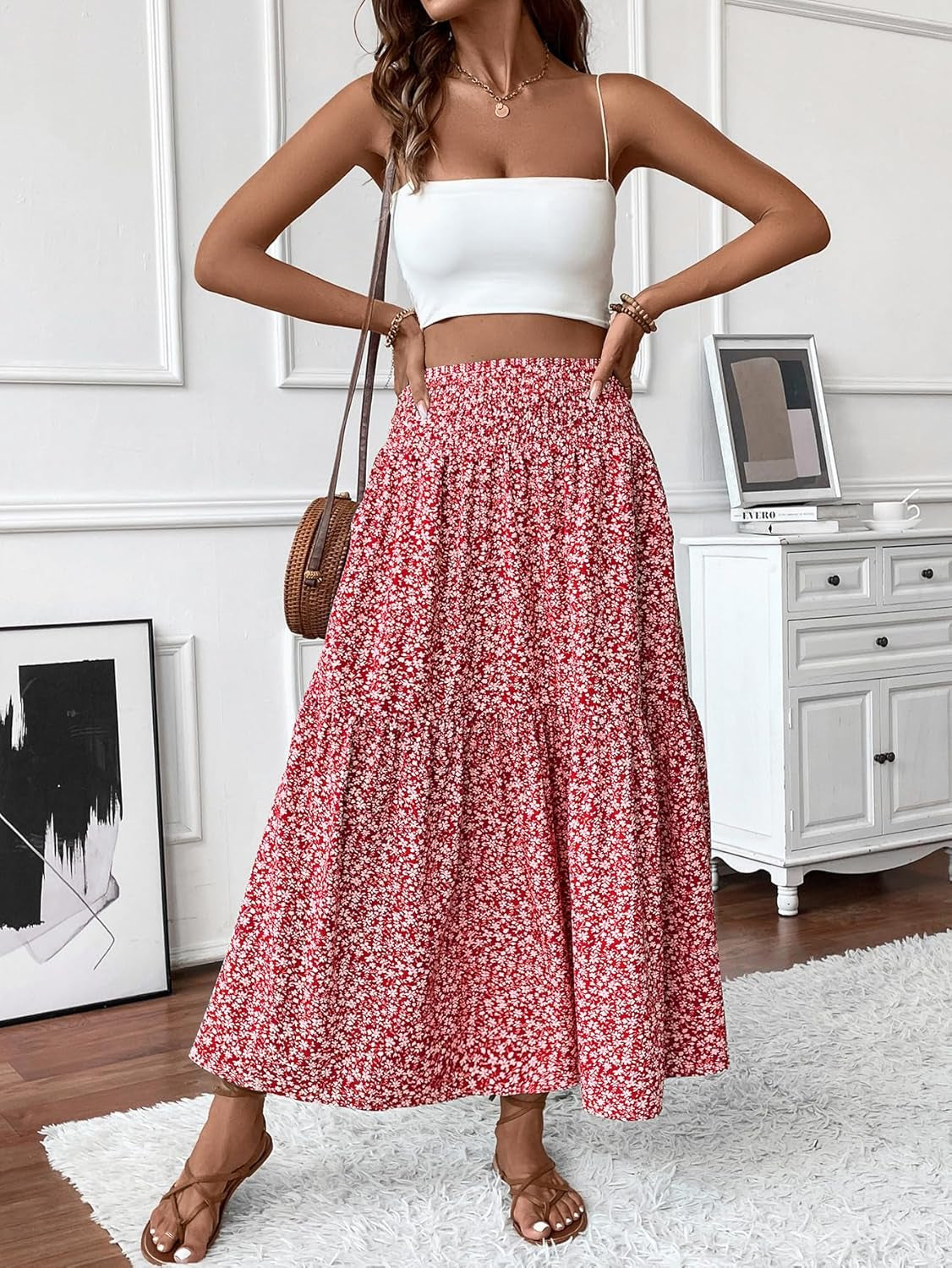 Women'S Smocked High Waist Maxi Skirt Casual Boho Long Skirts with Pockets