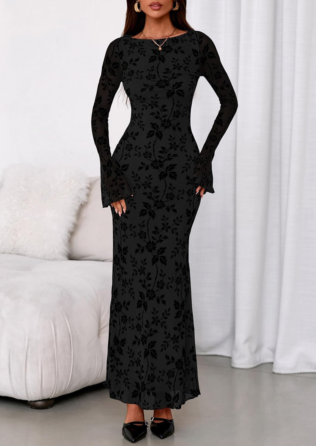 Women'S Floral Bodycon Maxi Dress 2025 Fall Elegant Mesh Long Sleeve Formal Wedding Guest Cocktail Dresses