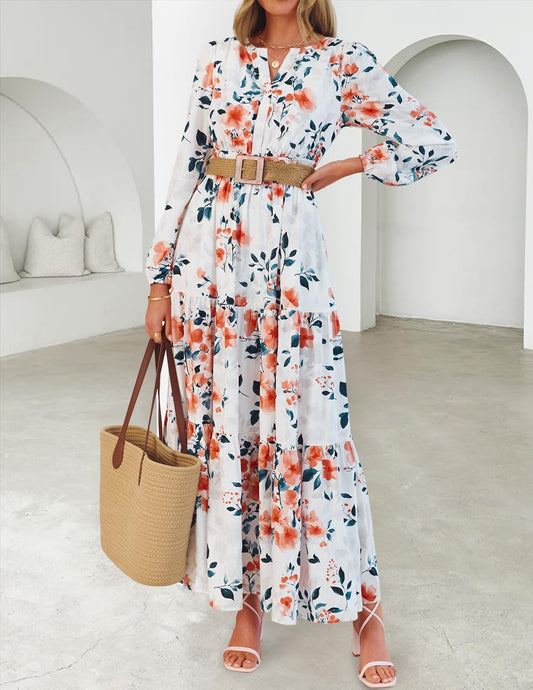 Fall Dresses for Women 2025 Long Sleeve Boho Floral V Neck Empire Waist a Line Casual Flowy Wedding Guest Maxi Dress