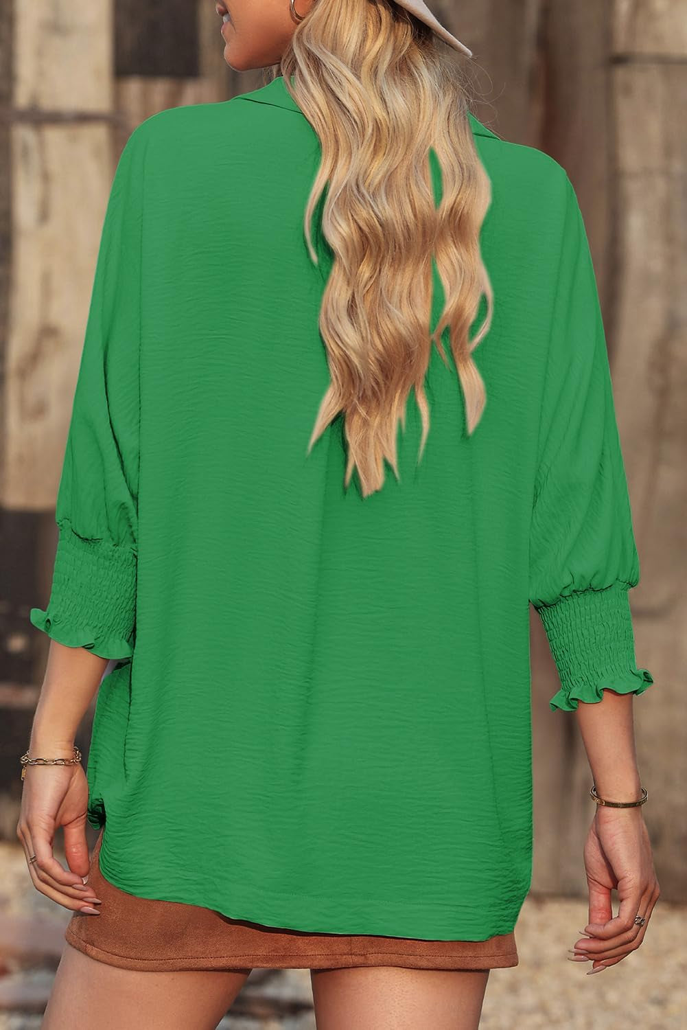 Women Blouses Dressy Casual V Neck 3/4 Length Sleeve Womens Tops with Smocked Cuffs