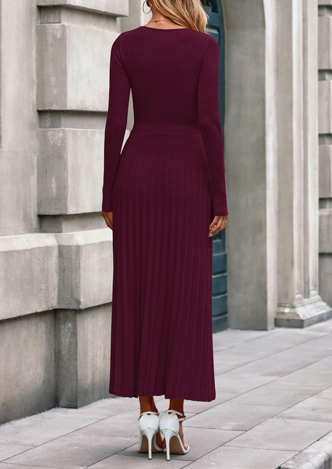 Women Sweater Dress Fall Fashion 2025 Long Sleeve V Neck Ribbed Knit Pleated a Line Elegant Maxi Winter Dresses