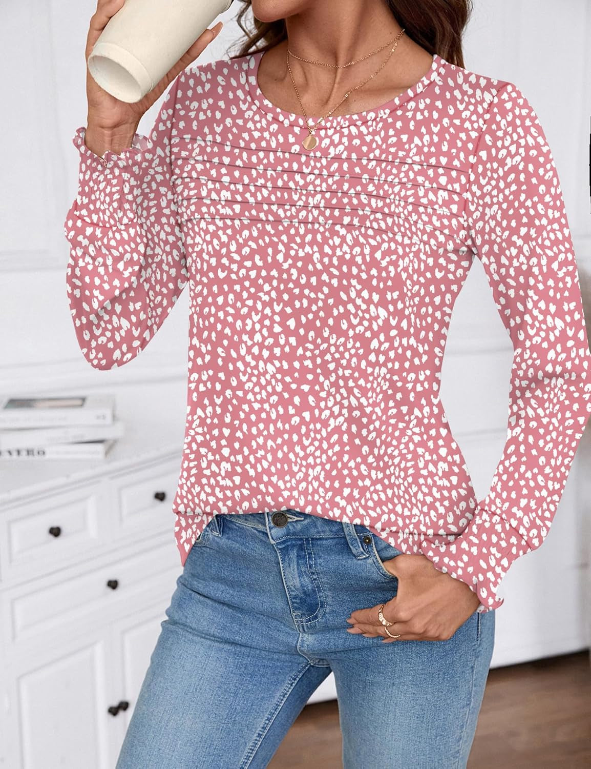 Women Tops Long Sleeve Blouses Dressy Casual Crewneck Pleated Tunic Shirts 2025 Loose Fashion Clothes