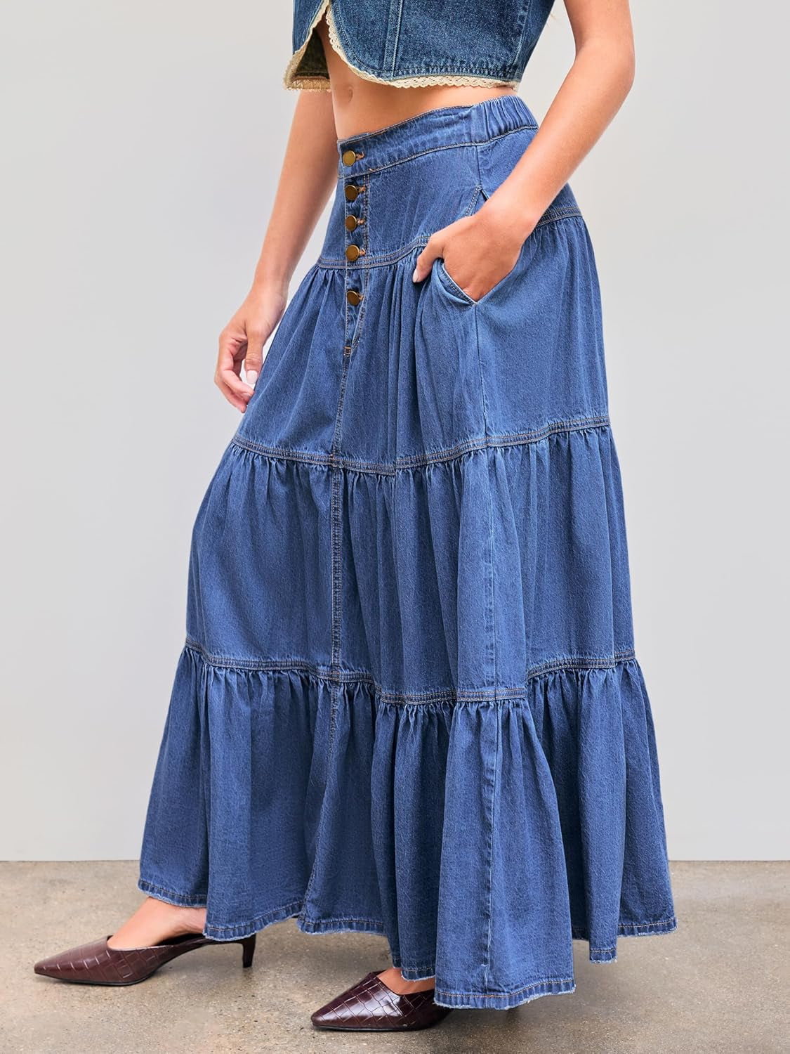 Women’S Long Jean Denim Tiered Button down High Waisted Maxi Skirts