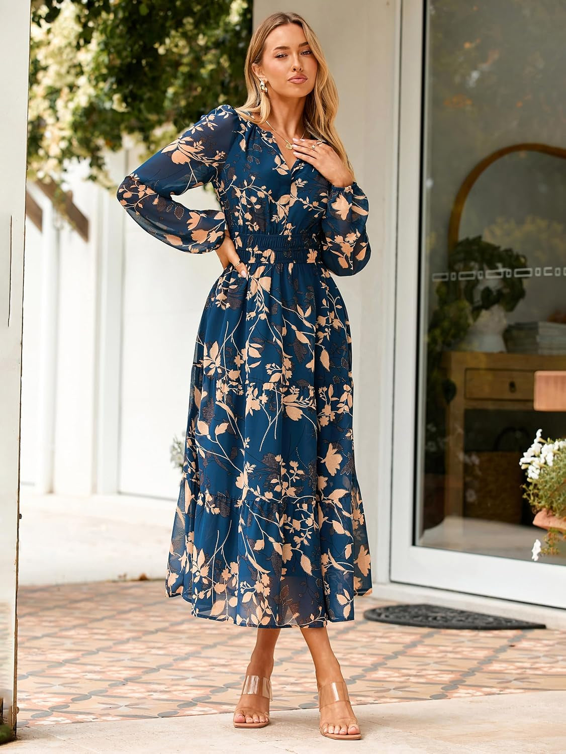 Women'S Floral Boho Long Sleeve Maxi Dress V Neck Empire Waist Swing Flowy Wedding Guest Dress