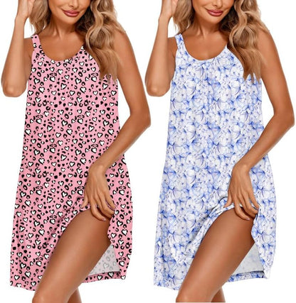 2 Pack Nightgowns for Women Sleeveless Sleepwear Wide Strap Sleep Shirt Pleated Tank Sleepshirt S-4XL