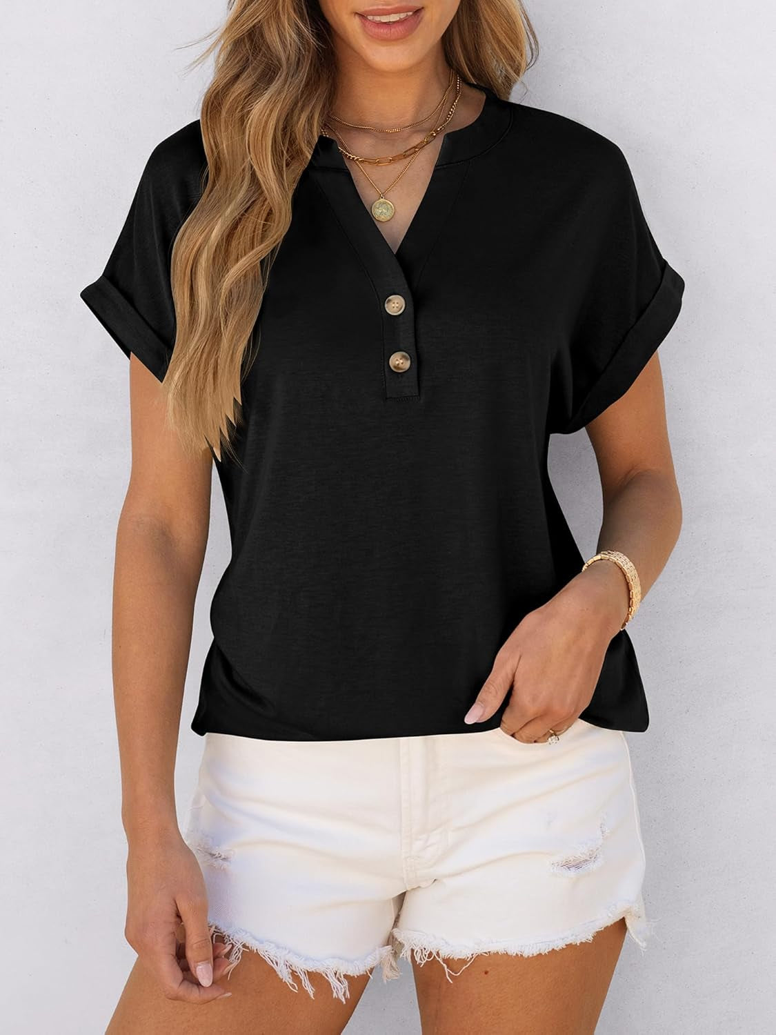 Womens Short Sleeve Henley Tops V Neck Dressy Casual Blouses Summer Trendy Tee Shirts 2025 Vacation Fashion Clothes