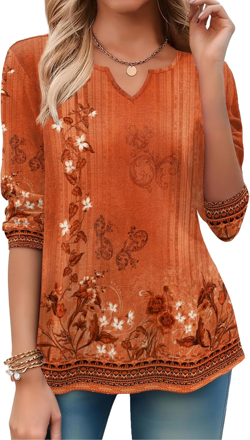 Long Sleeve Shirts for Women Fall V Neck Tops Casual Dressy Blouse Boho Tunic Business Work Clothes School Outfit