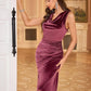 Womens Sleeveless Velvet Cocktail Dresses Cowl Neck Party Midi Wedding Guest Dress Ruched Slit Bodycon Dress