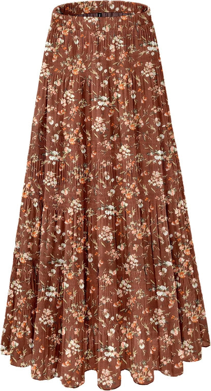 Women'S Chiffon White Flowy Maxi Skirts Boho Fall Elastic Waisted Pleated a Line Long Skirt for Women 2025