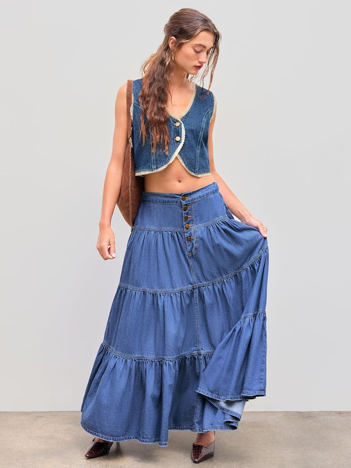 Women’S Long Jean Denim Tiered Button down High Waisted Maxi Skirts
