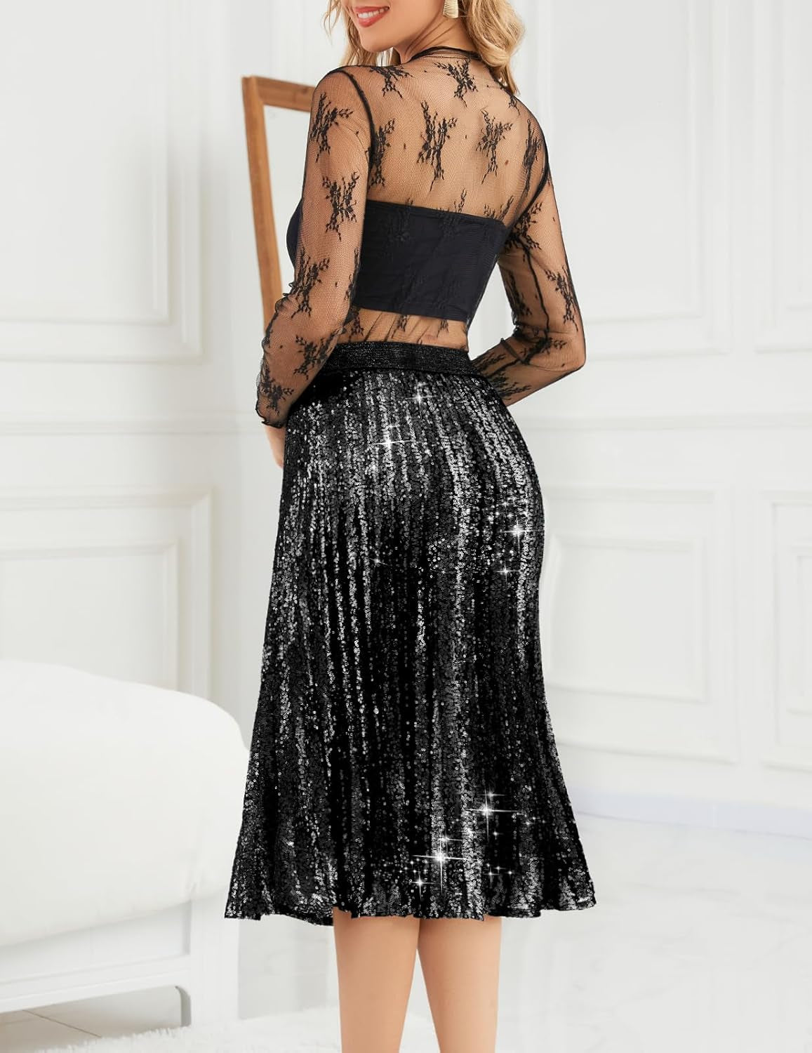 Sequin Skirt Elastic High Waisted A-Line Sparkle Pleated Skirts for Cocktail Party 2025
