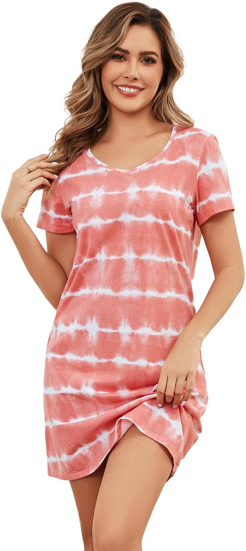 Women'S Cotton Nightgown Sleepwear Short Sleeves Nightshirt Casual Print Sleepdress Loose Comfy Pajama