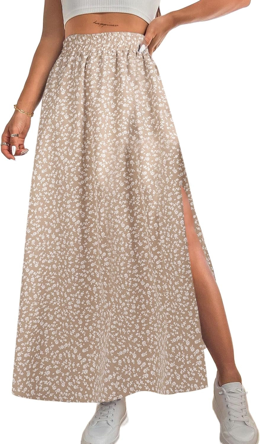 Women Boho Floral Slit Maxi Skirt Split Thigh High Waisted Long Sexy Skirt