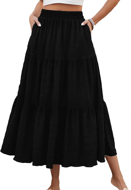 Women'S Summer Casual Elegant Smock Layered Tiered Maxi Skirt High Waisted a Line Flowy Long Skirts with Pockets