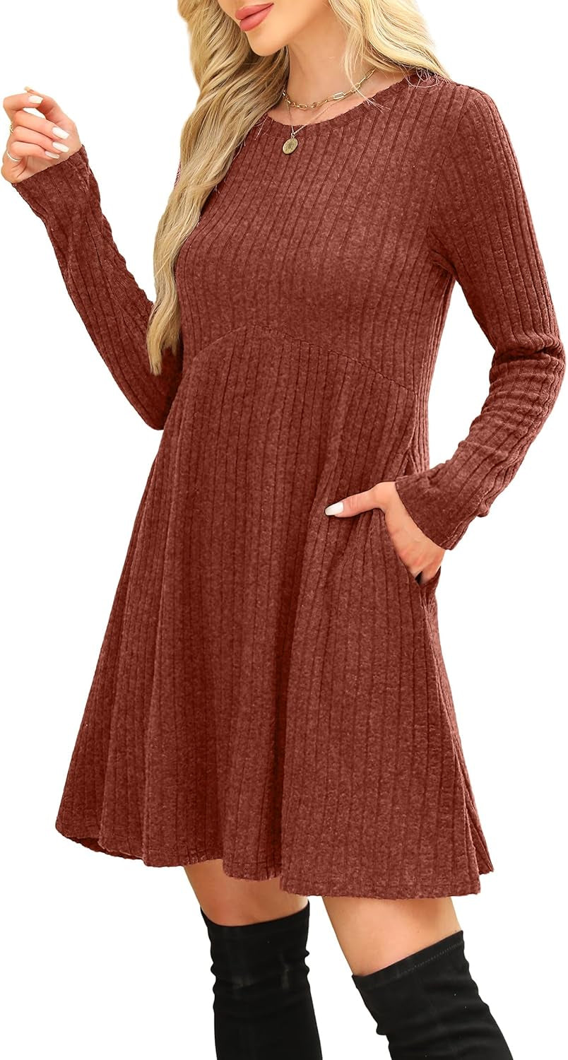 Long Sleeve Dress for Women Crew Neck Empire Waist Tunic Dress with Pockets