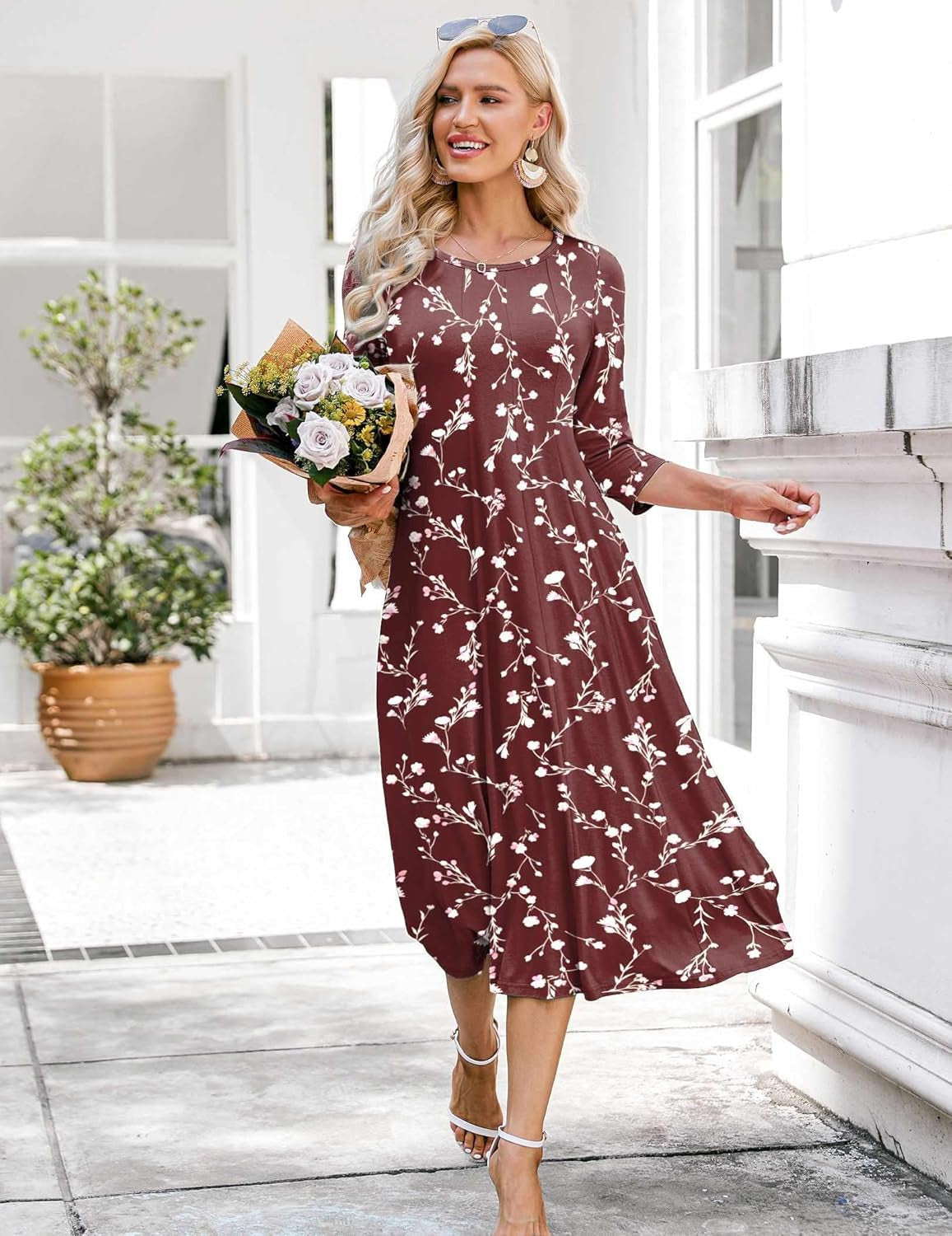 Women'S 3/4 Sleeve A-Line and Flare Midi Long Dress