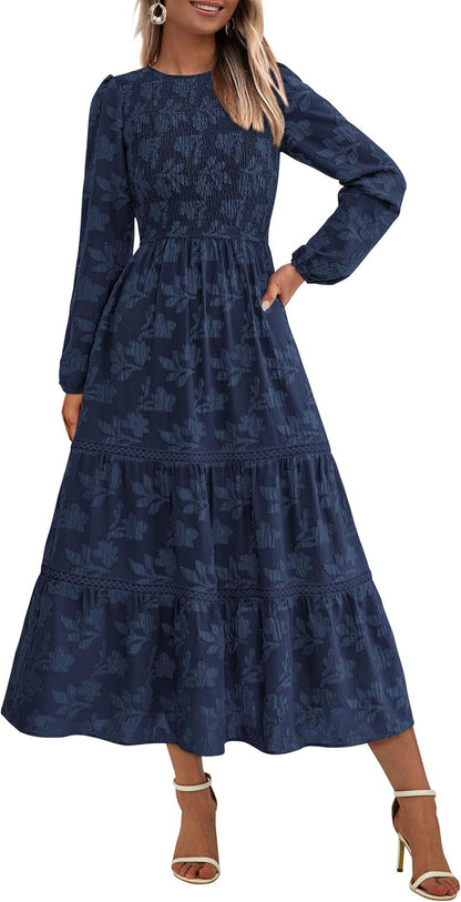 Long Sleeve Dress for Women 2025 Fall Elegant Modest Floral Boho Smocked Flowy Wedding Guest Midi Dresses