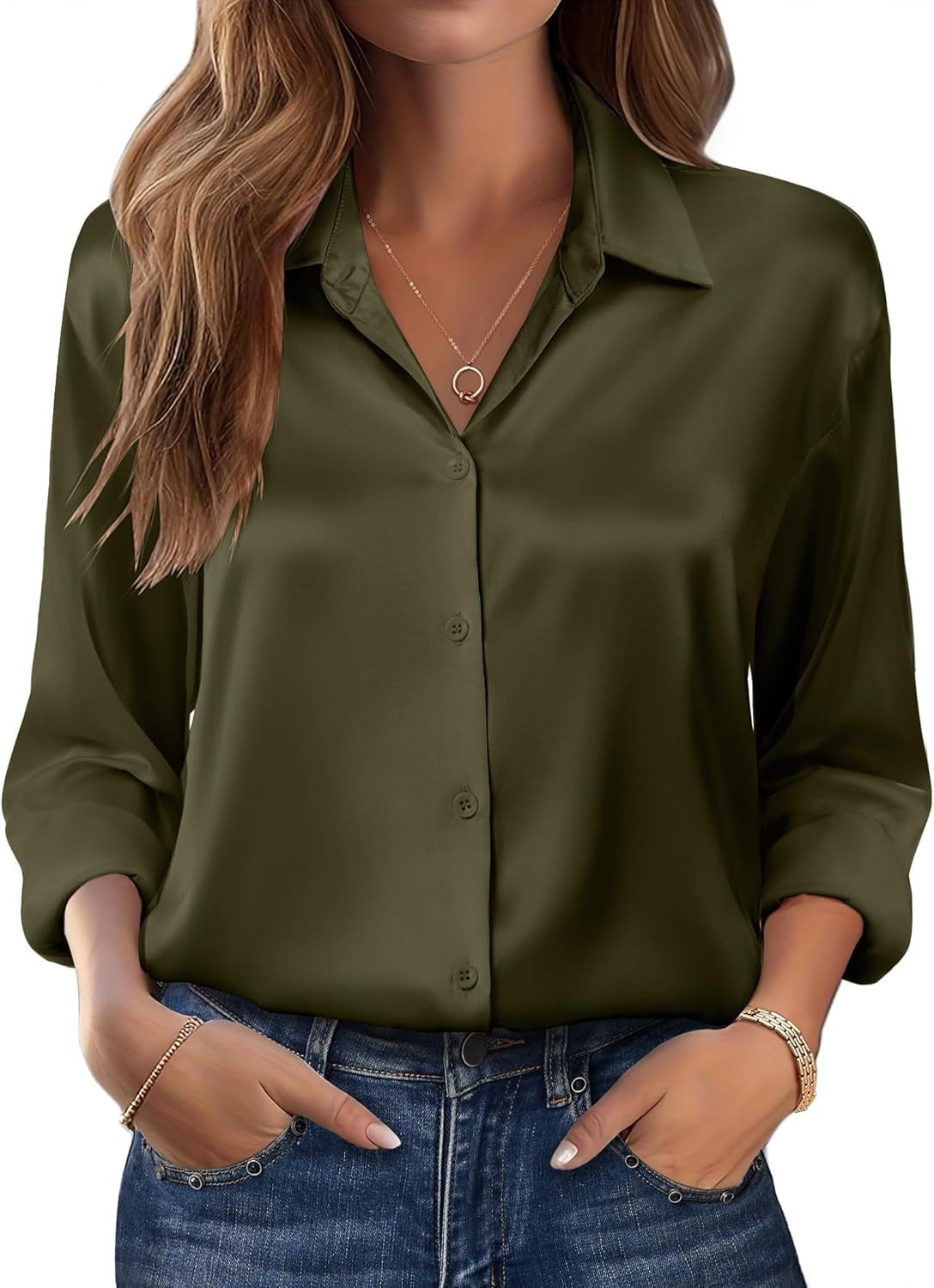 Womens Tops Long Sleeve Satin Silk Button down Shirts Casual Business Dressy Blouses Fall Clothes