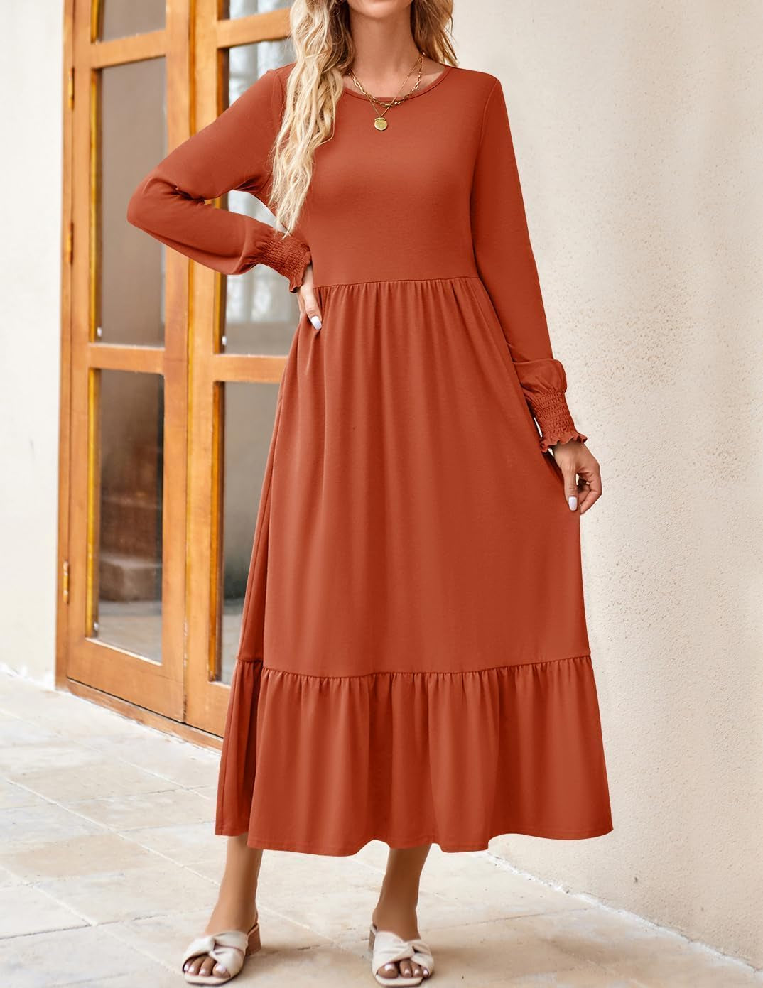 Women'S 2025 Fall Long Sleeve Dress Crewneck Casual Loose Pleated Tiered Swing Midi Dresses with Pockets