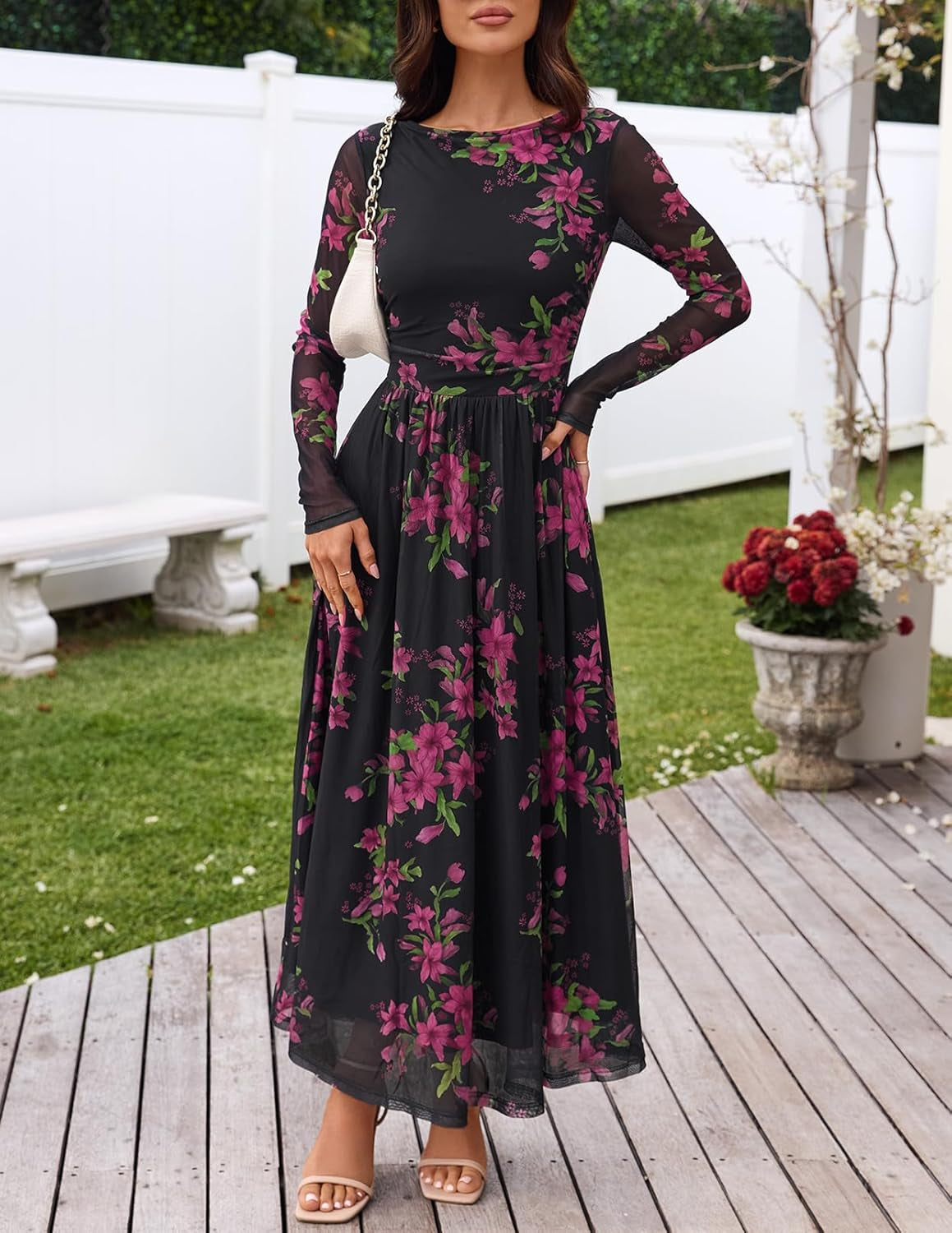 Women'S Long Sleeve Fall Wedding Guest Dress 2025 Crewneck Floral Flowy Mesh Cocktail Maxi Dresses