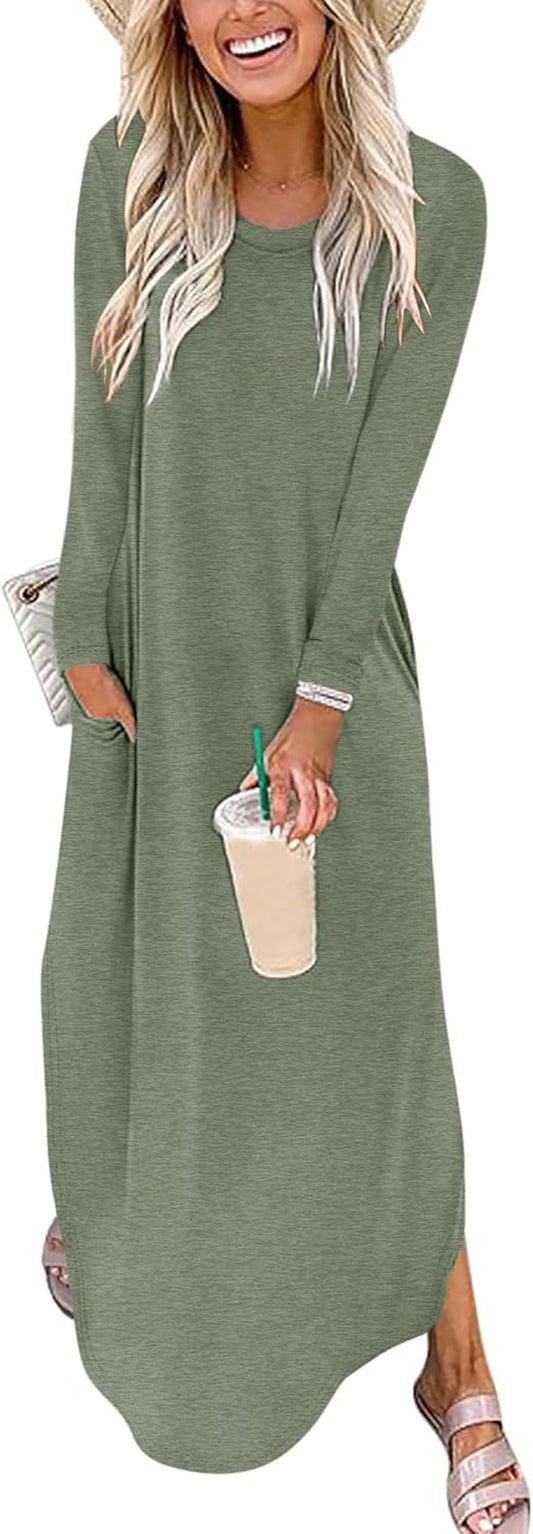 Women'S Long Sleeve Maxi Dresses 2025 Fall Outfits Casual Loose Split Travel Vacation T Shirt Dress with Pockets