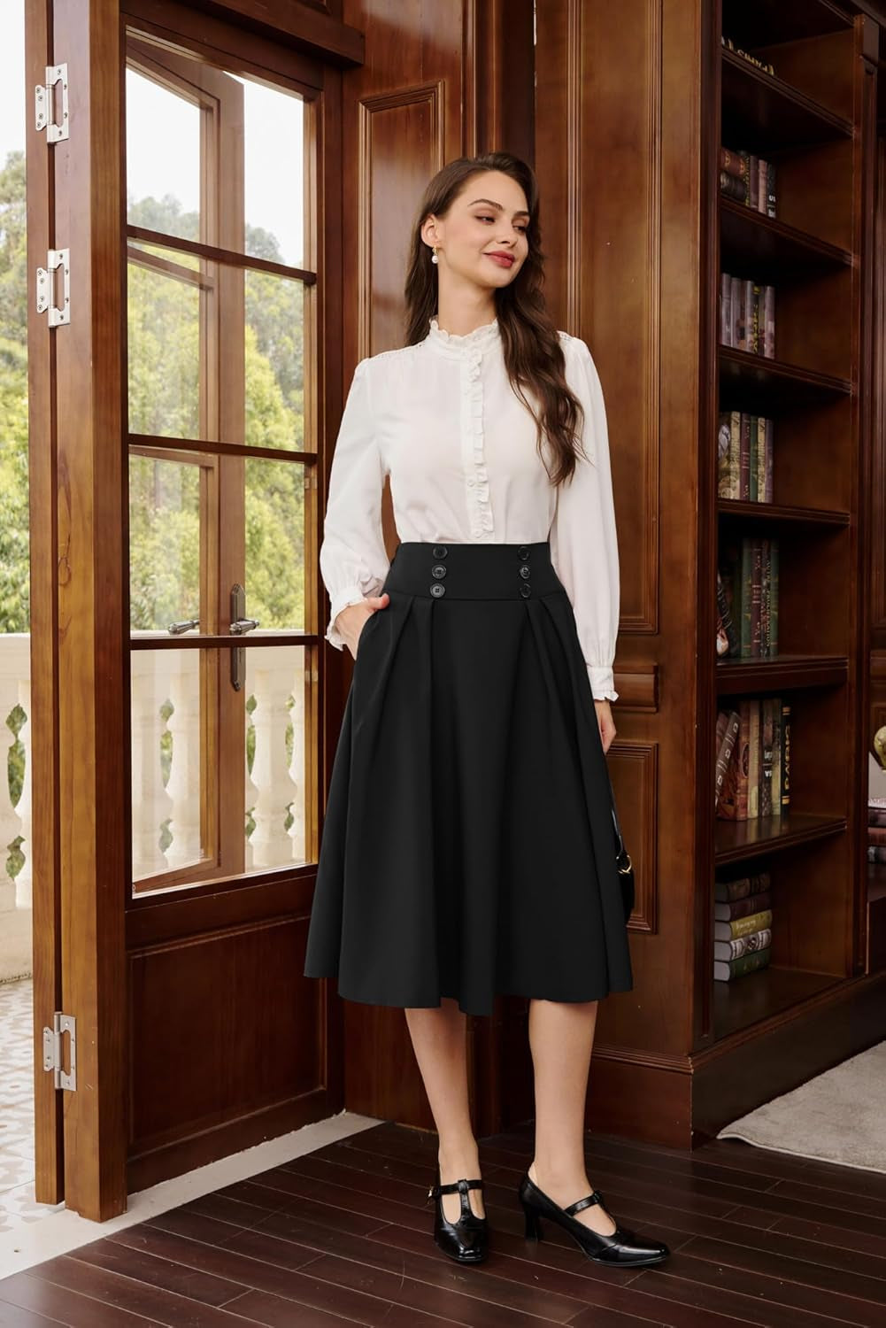 Women'S Vintage High Waist Pleated Midi A-Line Skirt with Pockets