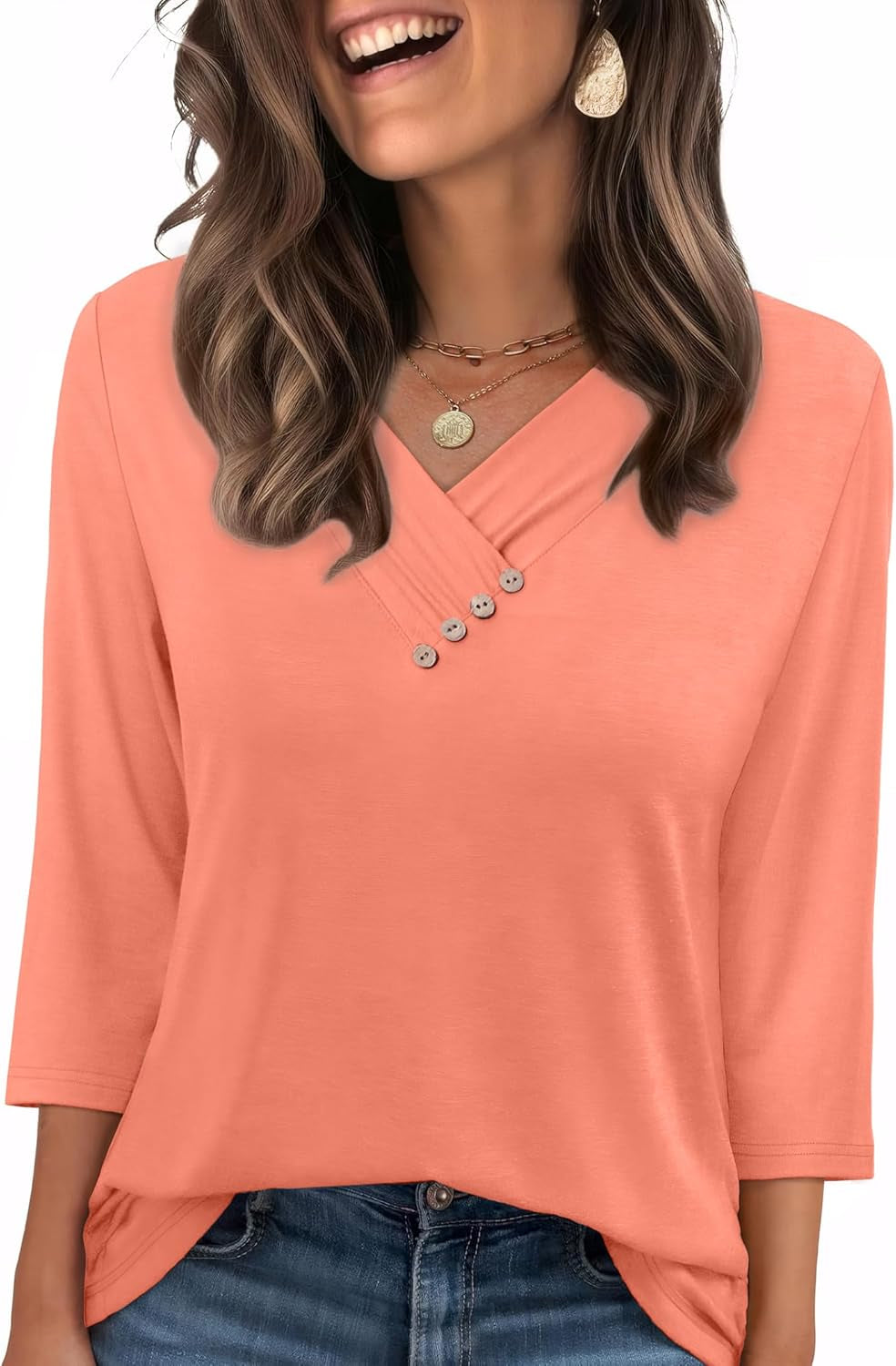 V Neck Blouses for Women Dressy Casaul 3/4 Length Sleeve Womens Tops Button down Shirts