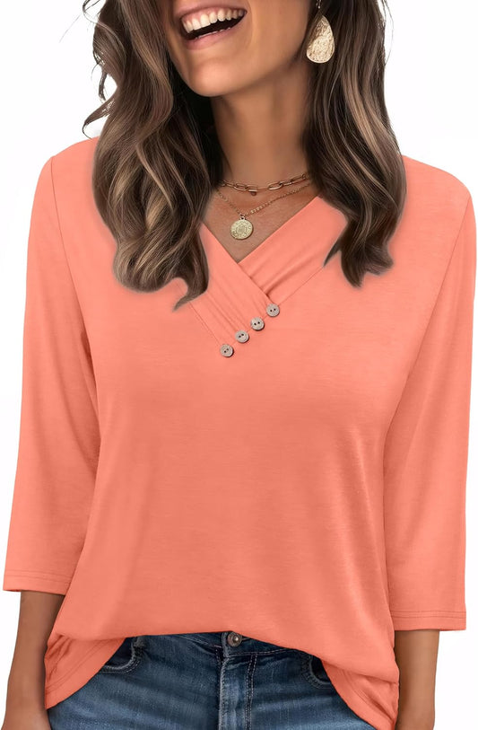V Neck Blouses for Women Dressy Casaul 3/4 Length Sleeve Womens Tops Button down Shirts
